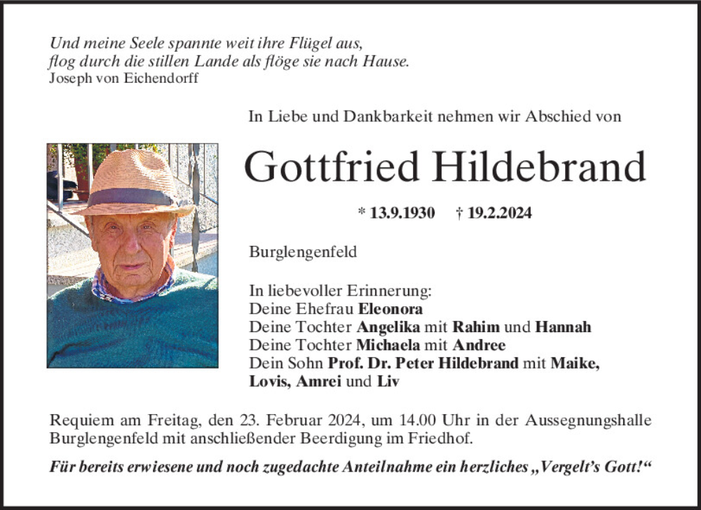  Traueranzeige für Gottfried Hildebrand vom 21.02.2024 aus Mittelbayerische Zeitung Schwandorf