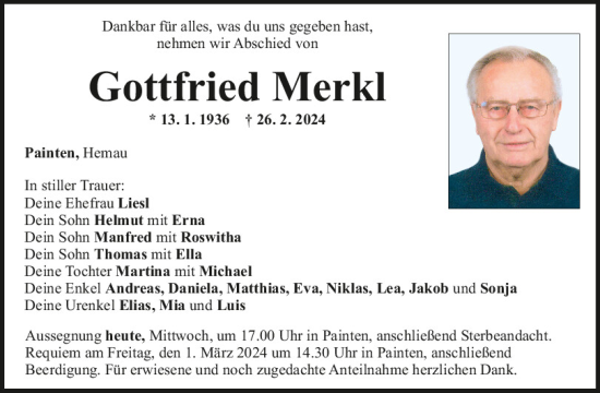 Traueranzeige von Gottfried Merkl von Mittelbayerische Zeitung Kelheim