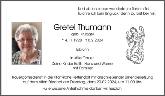 Traueranzeige von Gretel Thumann von Mittelbayerische Zeitung Regensburg