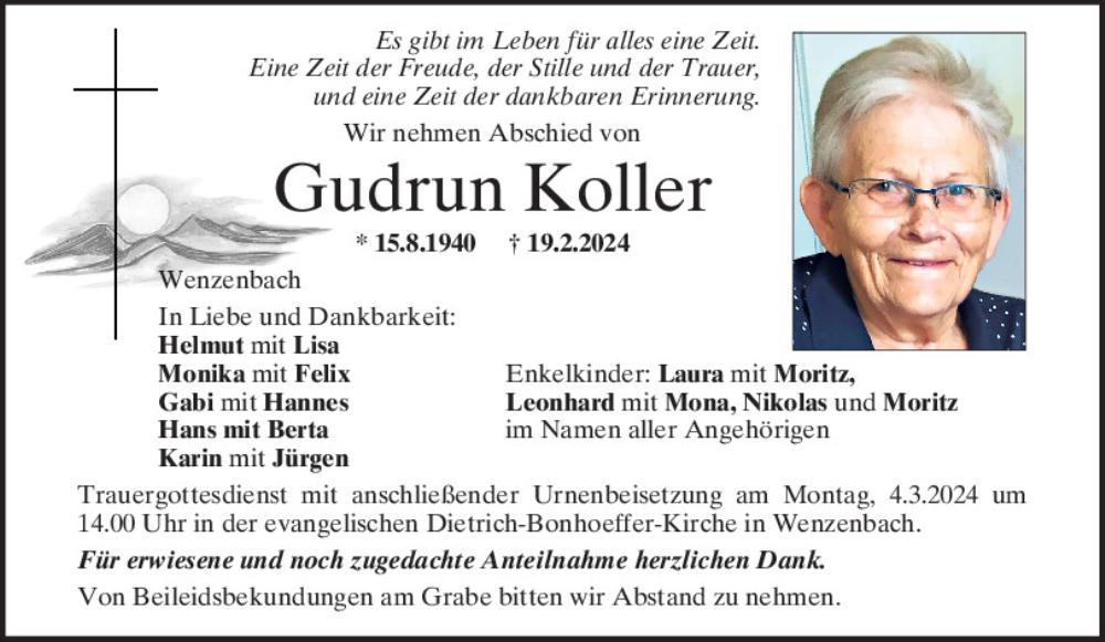  Traueranzeige für Gudrun Koller vom 01.03.2024 aus Mittelbayerische Zeitung Regensburg