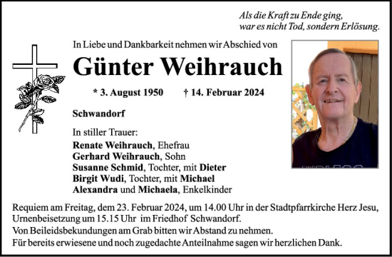 Traueranzeige von Günter Weihrauch von Mittelbayerische Zeitung Schwandorf
