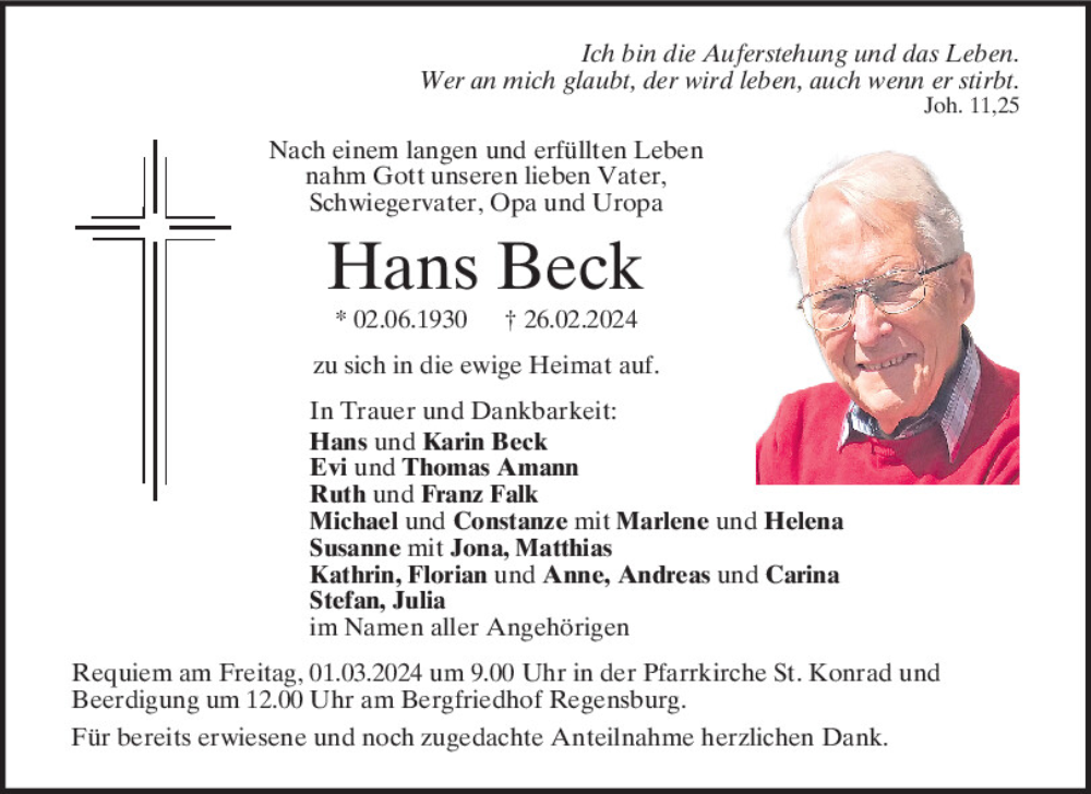  Traueranzeige für Hans Beck vom 28.02.2024 aus Mittelbayerische Zeitung Regensburg