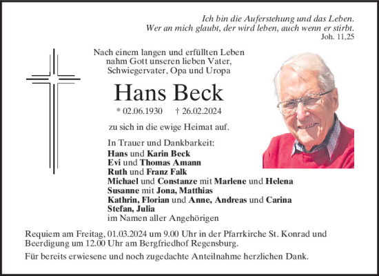 Traueranzeige von Hans Beck von Mittelbayerische Zeitung Regensburg