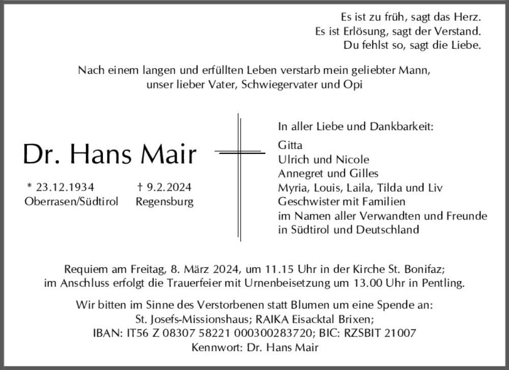  Traueranzeige für Hans Mair vom 17.02.2024 aus Mittelbayerische Zeitung Regensburg
