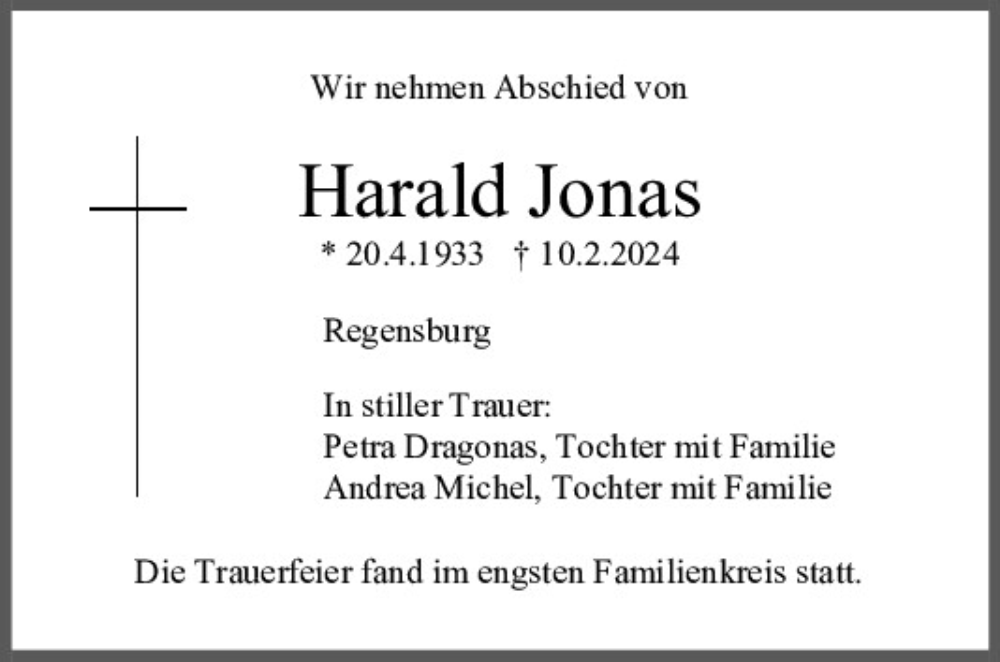  Traueranzeige für Harald Jonas vom 24.02.2024 aus Mittelbayerische Zeitung Regensburg