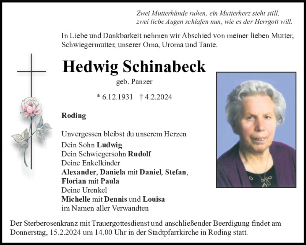  Traueranzeige für Hedwig Schinabeck vom 13.02.2024 aus Bayerwald Echo