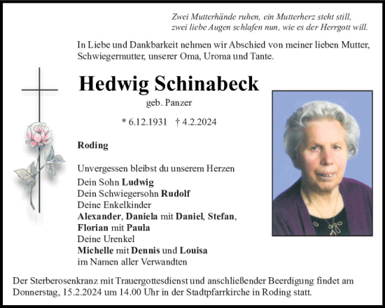 Traueranzeige von Hedwig Schinabeck von Bayerwald Echo