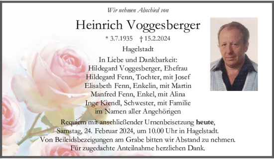 Traueranzeige von Heinrich Voggesberger von Mittelbayerische Zeitung Regensburg
