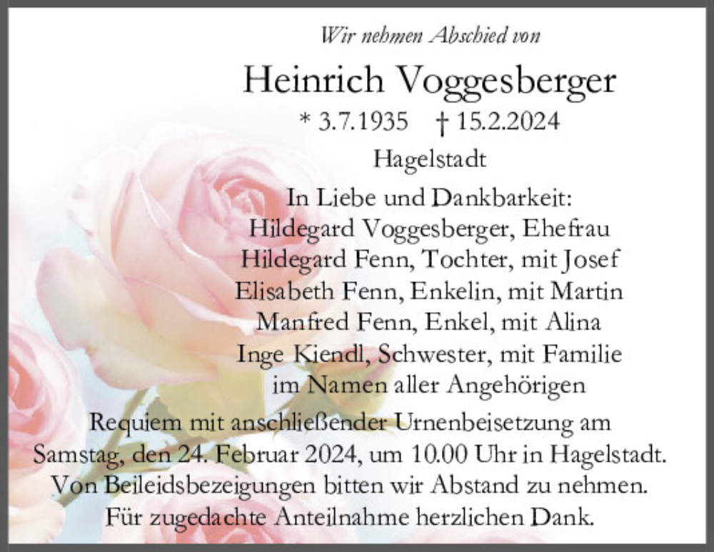  Traueranzeige für Heinrich Voggesberger vom 21.02.2024 aus Mittelbayerische Zeitung Regensburg