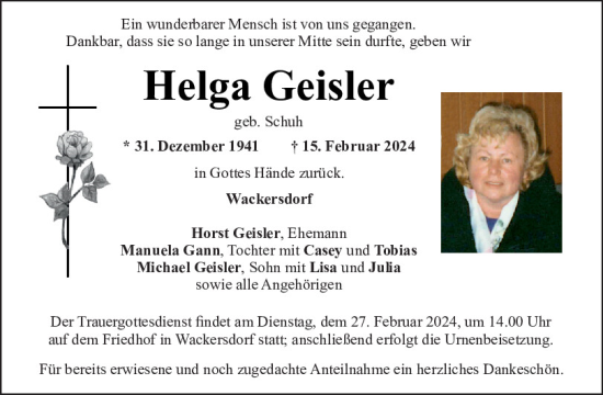 Traueranzeige von Helga Geisler von Mittelbayerische Zeitung Schwandorf