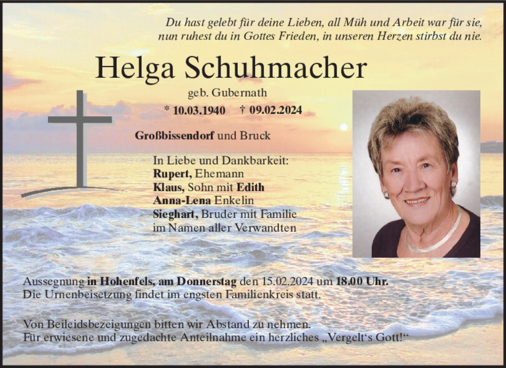  Traueranzeige für Helga Schuhmacher vom 13.02.2024 aus Neumarkter Tagblatt