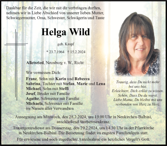 Traueranzeige von Helga Wild von Bayerwald Echo
