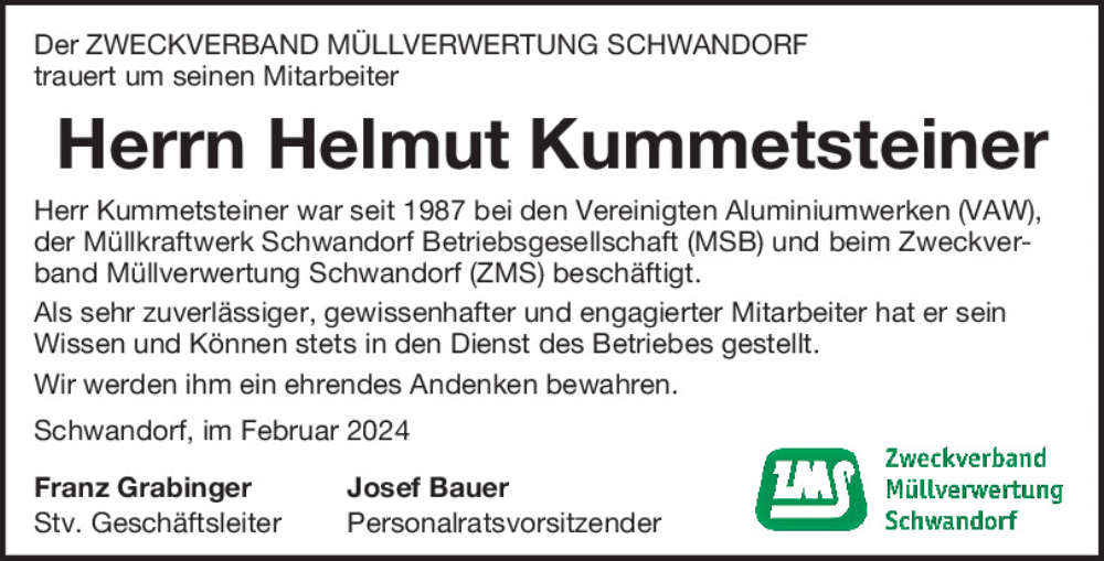  Traueranzeige für Helmut Kummetsteiner vom 22.02.2024 aus Mittelbayerische Zeitung Schwandorf