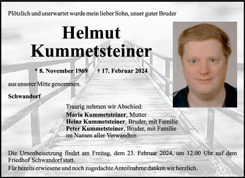  Traueranzeige für Helmut Kummetsteiner vom 21.02.2024 aus Mittelbayerische Zeitung Schwandorf