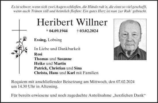 Traueranzeige von Heribert Willner von Mittelbayerische Zeitung Kelheim