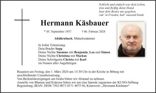 Traueranzeige von Hermann Käsbauer von Mittelbayerische Zeitung Kelheim