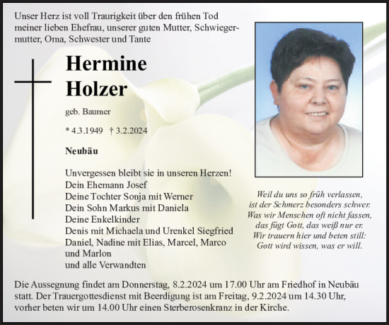 Traueranzeige von Hermine Holzer von Bayerwald Echo