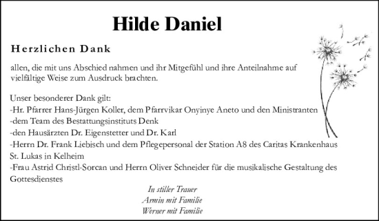 Traueranzeige von Hilde Daniel von Mittelbayerische Zeitung Kelheim