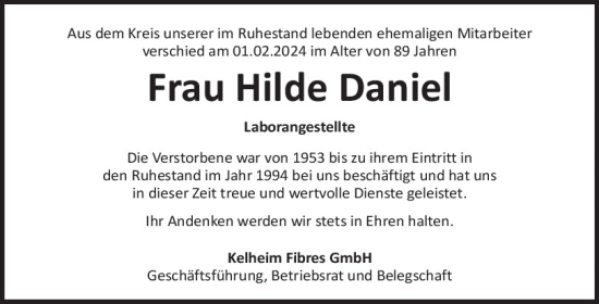 Traueranzeige von Hilde Daniel von Mittelbayerische Zeitung Kelheim