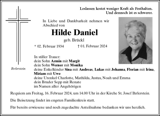 Traueranzeige von Hilde Daniel von Mittelbayerische Zeitung Kelheim