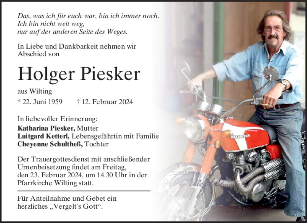  Traueranzeige für Holger Piesker vom 21.02.2024 aus Bayerwald Echo