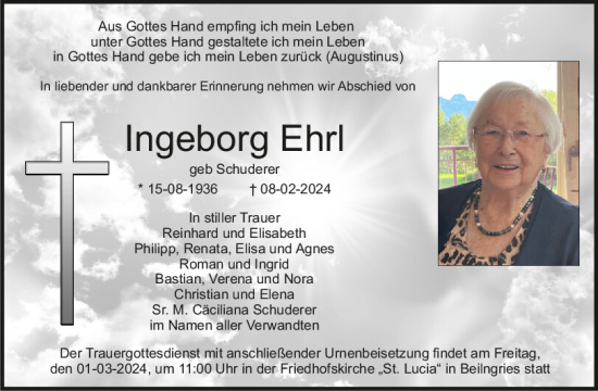 Traueranzeige von Ingeborg Ehrl von Neumarkter Tagblatt