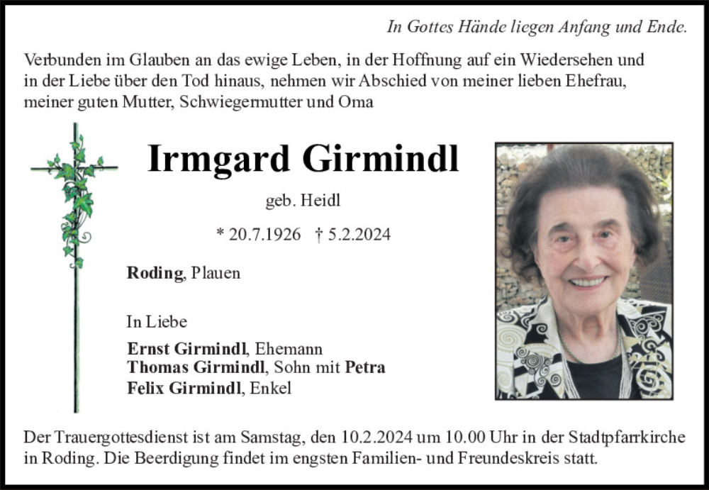  Traueranzeige für Irmgard Girmindl vom 08.02.2024 aus Bayerwald Echo