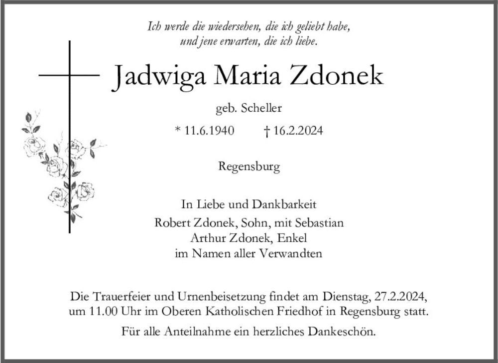  Traueranzeige für Jadwiga Maria Zdonek vom 24.02.2024 aus Mittelbayerische Zeitung Regensburg