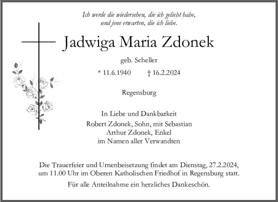Traueranzeige von Jadwiga Maria Zdonek von Mittelbayerische Zeitung Regensburg