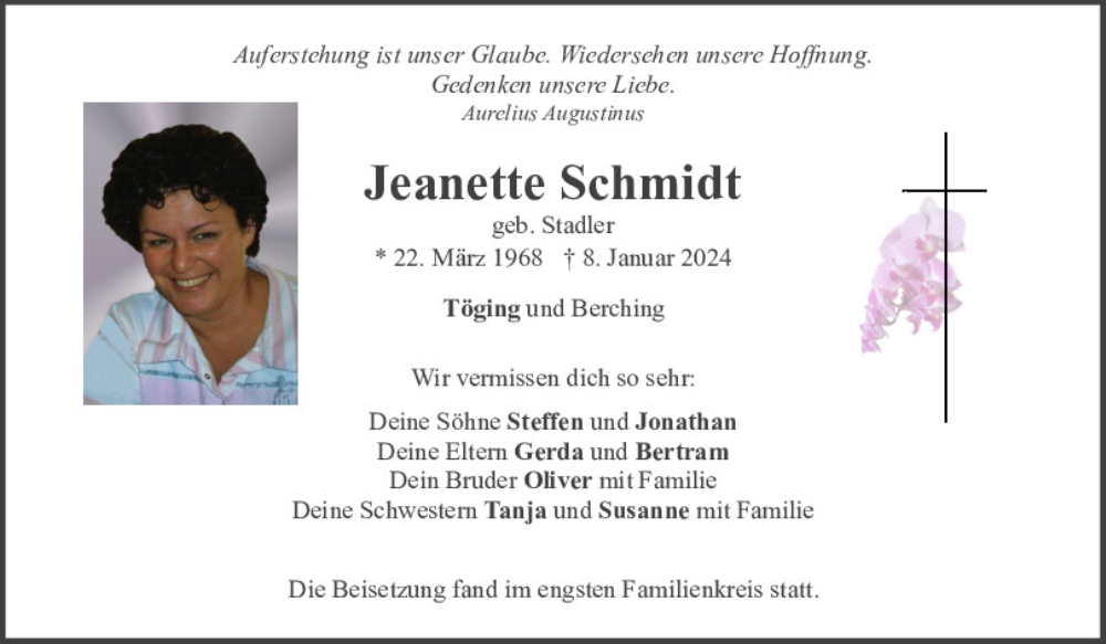  Traueranzeige für Jeanette Schmidt vom 02.02.2024 aus Neumarkter Tagblatt