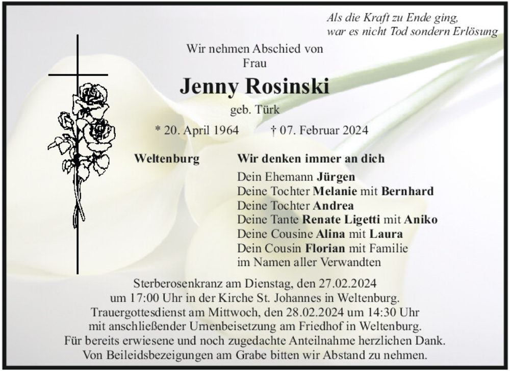  Traueranzeige für Jenny Rosinski vom 22.02.2024 aus Mittelbayerische Zeitung Kelheim