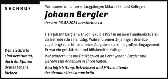Traueranzeige von Johann Bergler von Neumarkter Tagblatt