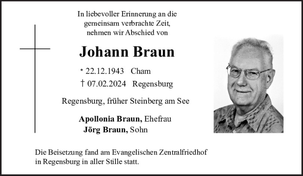  Traueranzeige für Johann Braun vom 21.02.2024 aus Mittelbayerische Zeitung Schwandorf