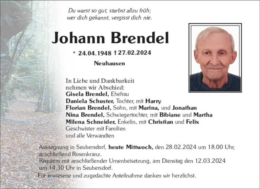  Traueranzeige für Johann Brendel vom 28.02.2024 aus Neumarkter Tagblatt