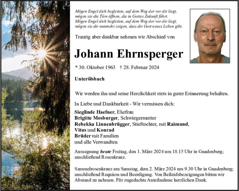  Traueranzeige für Johann Ehrnsperger vom 01.03.2024 aus Neumarkter Tagblatt