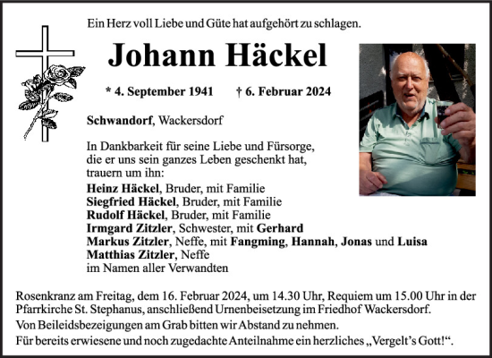 Traueranzeige von Johann Häckel von Mittelbayerische Zeitung Schwandorf