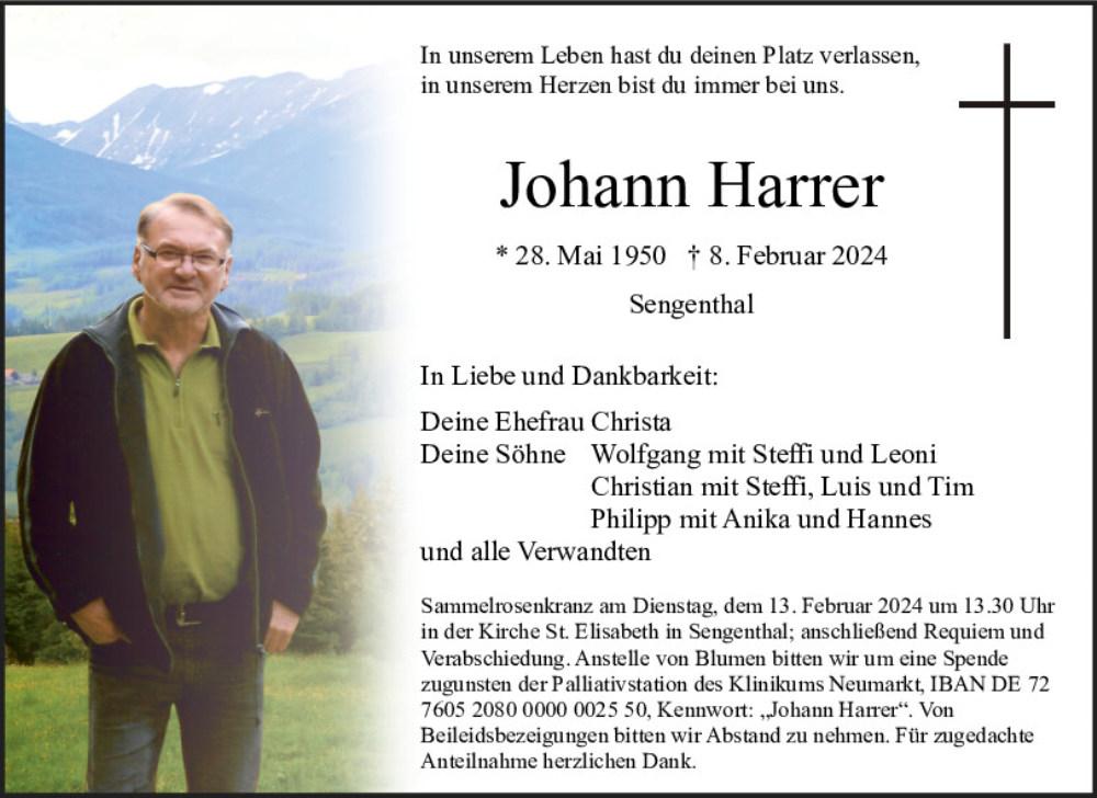  Traueranzeige für Johann Harrer vom 10.02.2024 aus Neumarkter Tagblatt