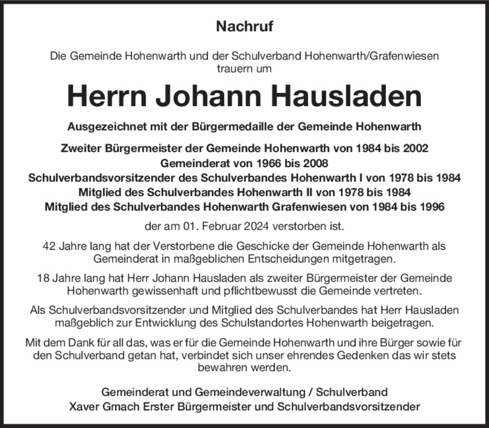  Traueranzeige für Johann Hausladen vom 06.02.2024 aus Bayerwald Echo