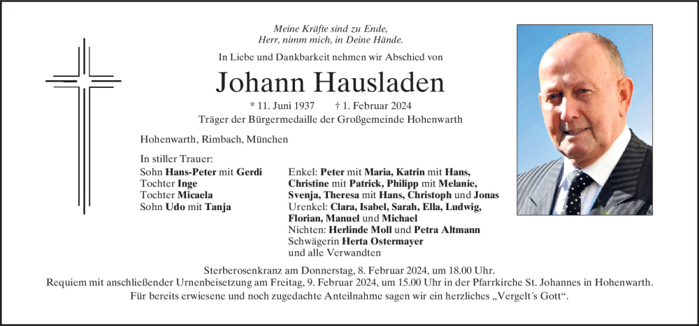  Traueranzeige für Johann Hausladen vom 06.02.2024 aus Bayerwald Echo