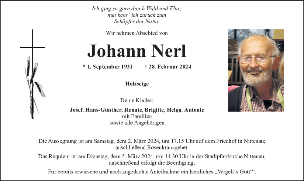  Traueranzeige für Johann Nerl vom 01.03.2024 aus Mittelbayerische Zeitung Regensburg