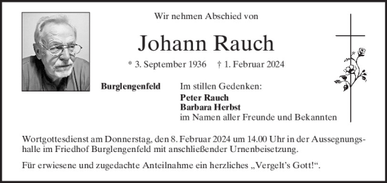 Traueranzeige von Johann Rauch von Mittelbayerische Zeitung Schwandorf