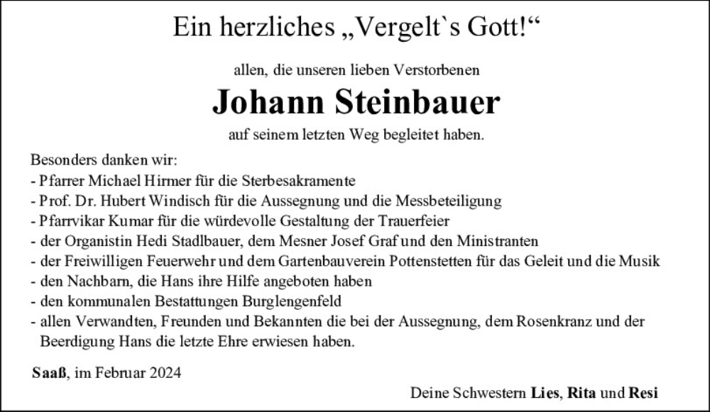  Traueranzeige für Johann Steinbauer vom 24.02.2024 aus Mittelbayerische Zeitung Schwandorf