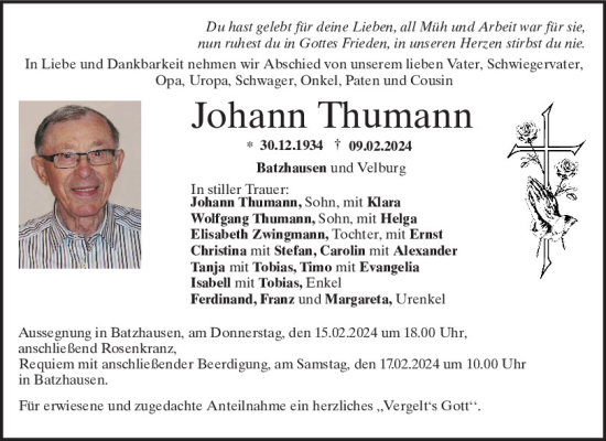 Traueranzeige von Johann Thumann von Neumarkter Tagblatt