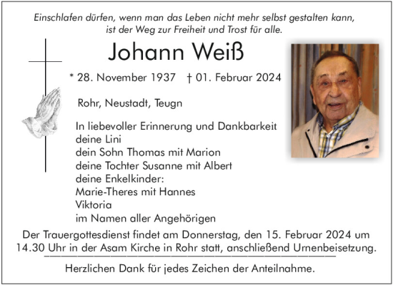 Traueranzeige von Johann Weiß von Mittelbayerische Zeitung Kelheim