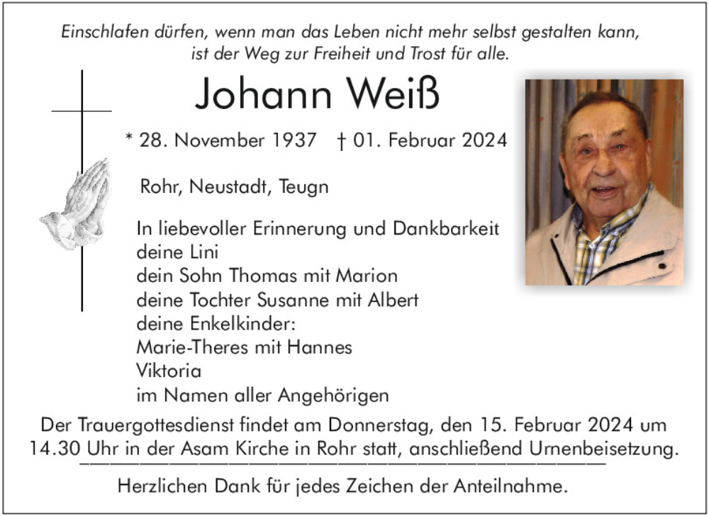  Traueranzeige für Johann Weiß vom 13.02.2024 aus Mittelbayerische Zeitung Kelheim