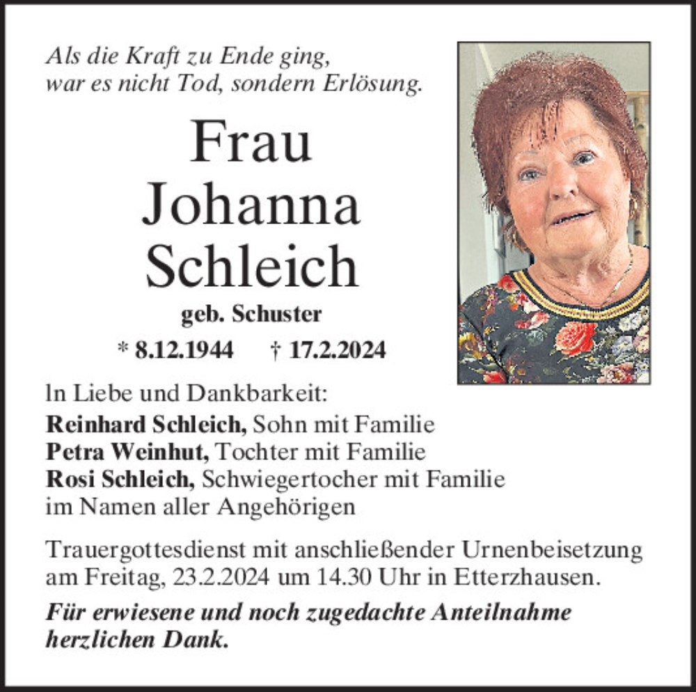  Traueranzeige für Johanna Schleich vom 21.02.2024 aus Mittelbayerische Zeitung Regensburg