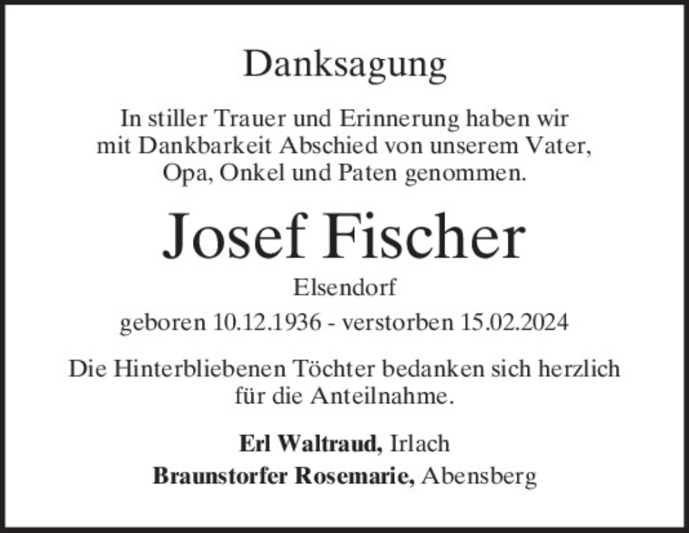  Traueranzeige für Josef Fischer vom 29.02.2024 aus Mittelbayerische Zeitung Kelheim