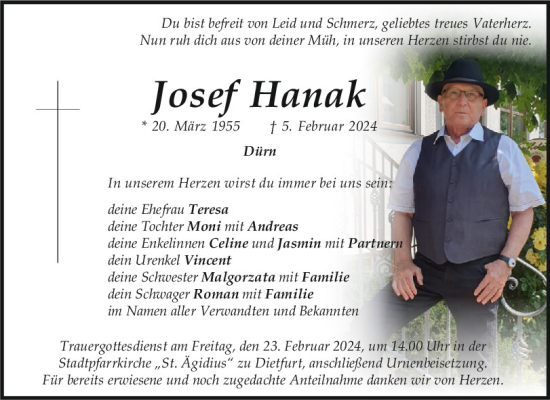 Traueranzeige von Josef Hanak von Neumarkter Tagblatt