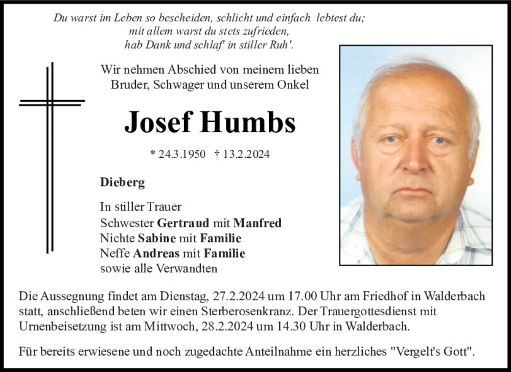  Traueranzeige für Josef Humbs vom 22.02.2024 aus Bayerwald Echo