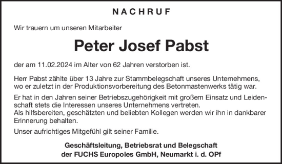 Traueranzeige von Josef Pabst von Neumarkter Tagblatt